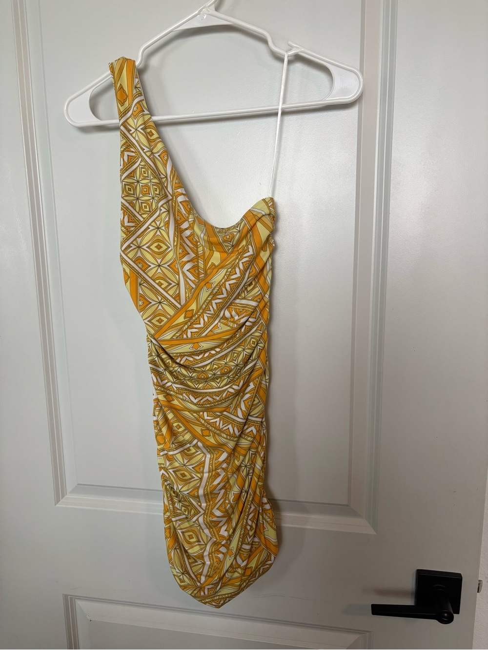 Olivaceous Yellow Patterned One-Shoulder Ruched Dress